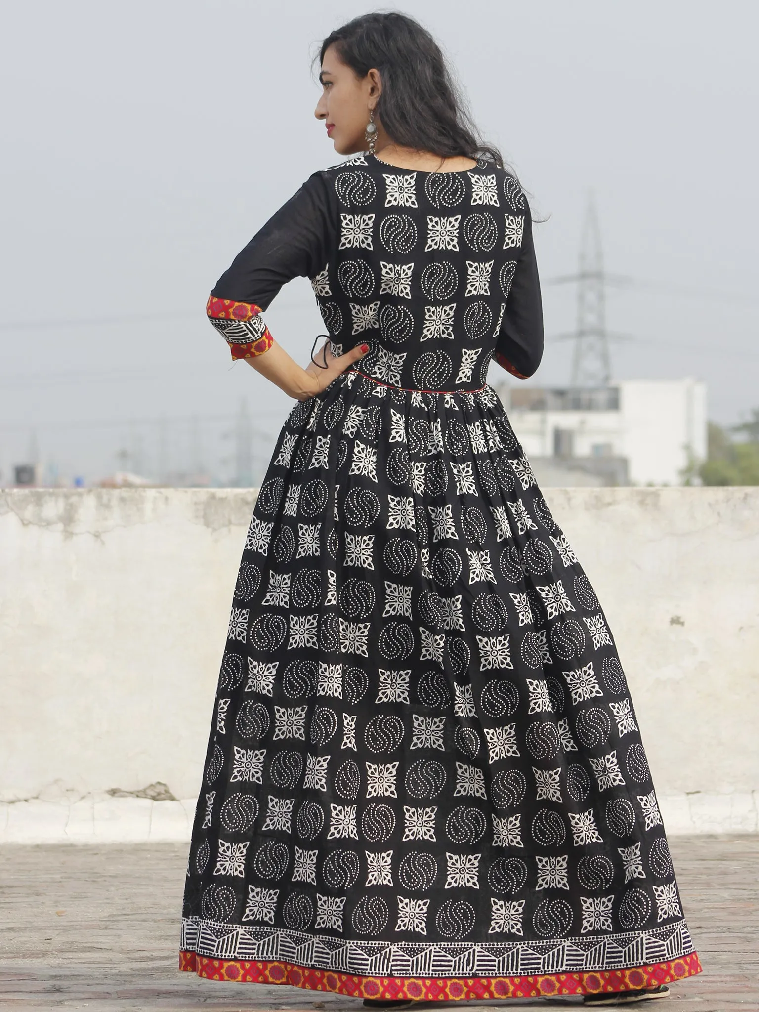 Naaz Black White Maroon Orange Hand Block Printed Angrakha Dress With Gathers -  DS19FS20