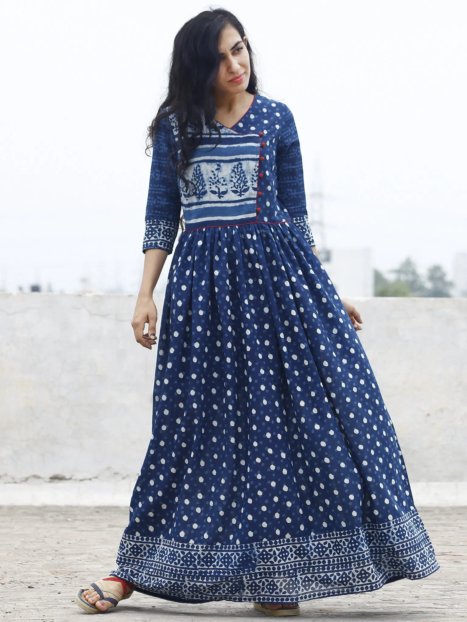 Naaz Indigo Ivory Hand Block Printed Angrakha Dress With Gathers -  DS15F001