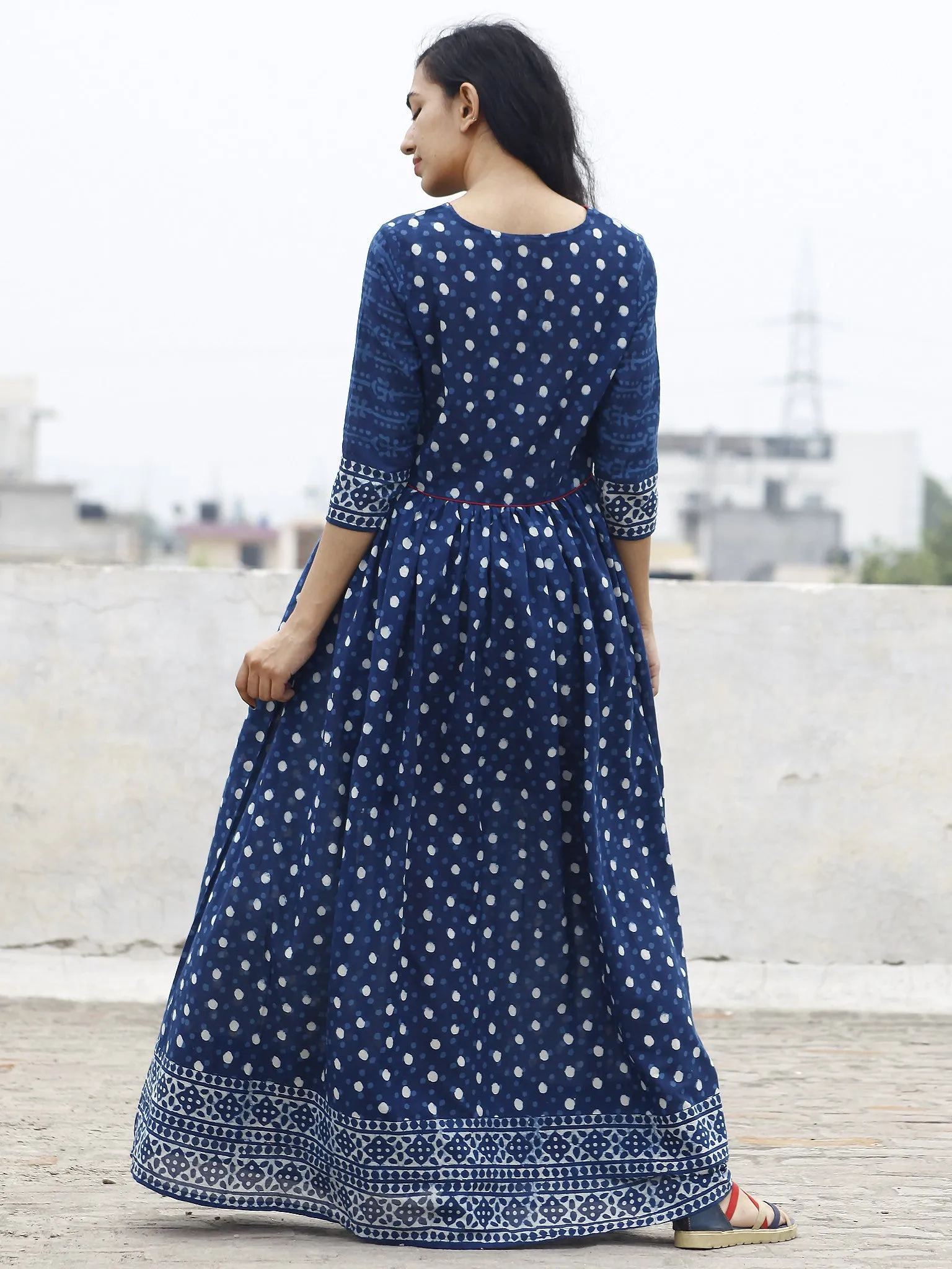 Naaz Indigo Ivory Hand Block Printed Angrakha Dress With Gathers -  DS15F001