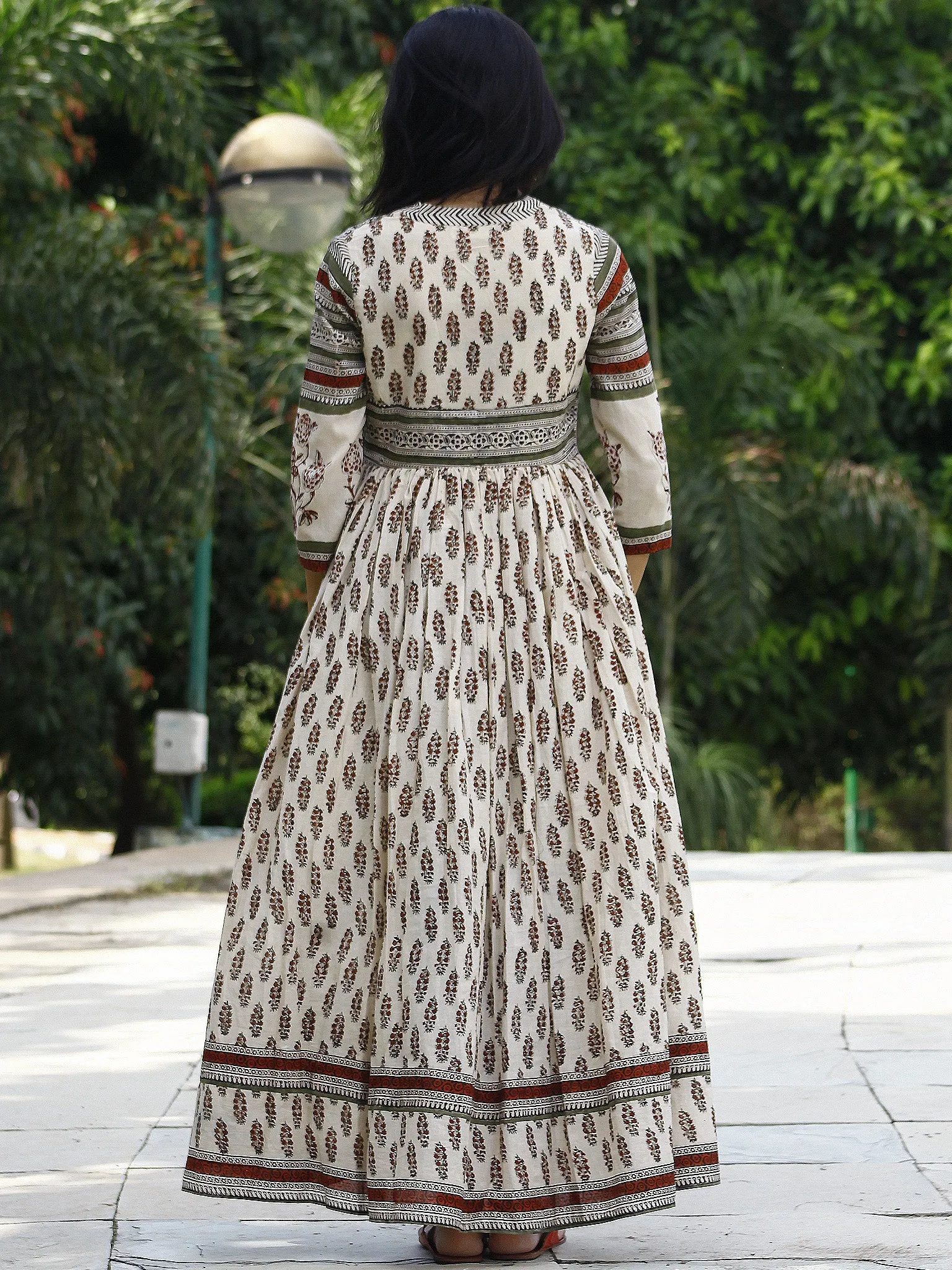 Naaz Ivory Olive Green Maroon Black Hand Block Printed Long Cotton Dress with Gathers & Stand Collar - DS03F002