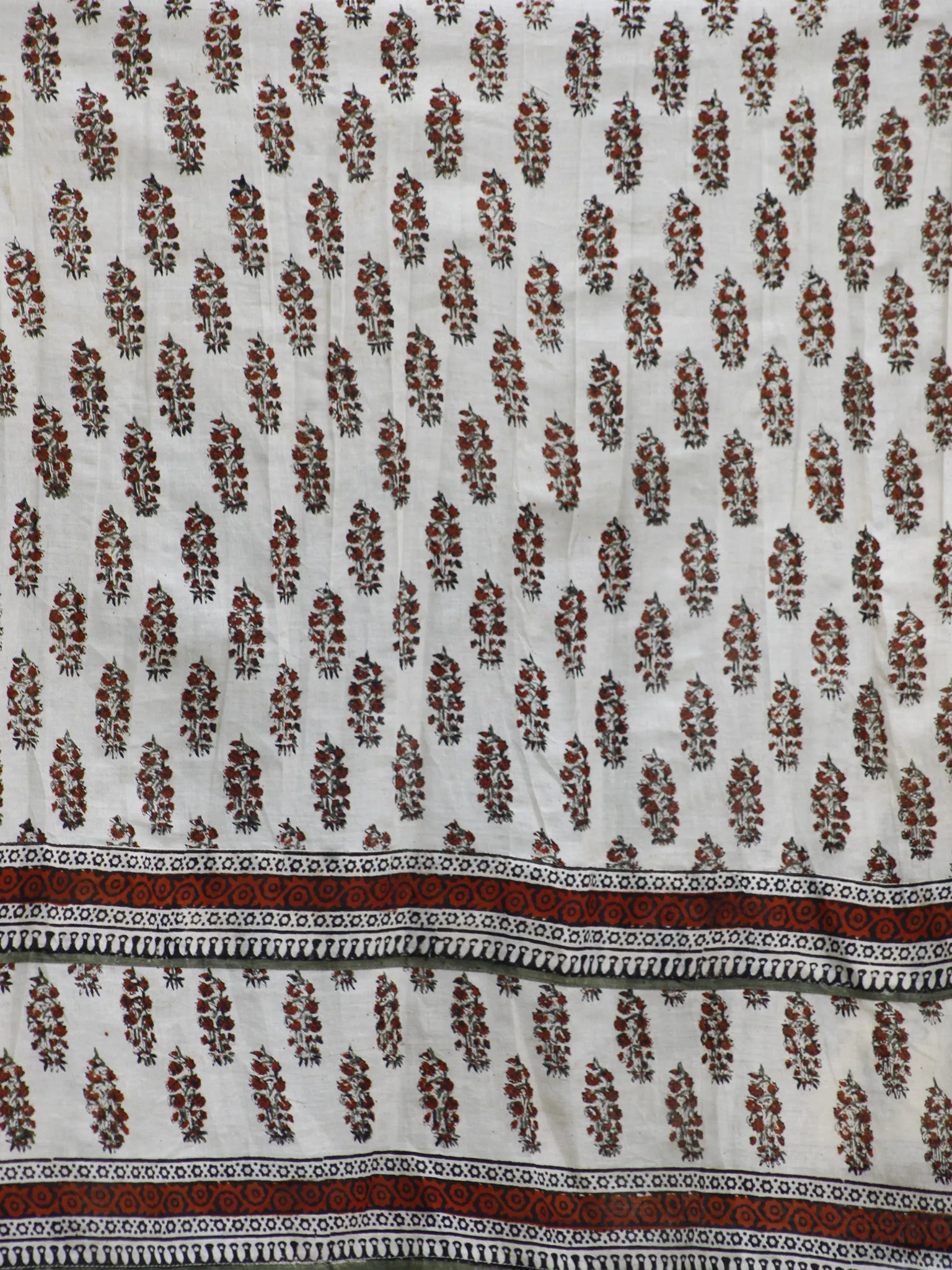 Naaz Ivory Olive Green Maroon Black Hand Block Printed Long Cotton Dress with Gathers & Stand Collar - DS03F002