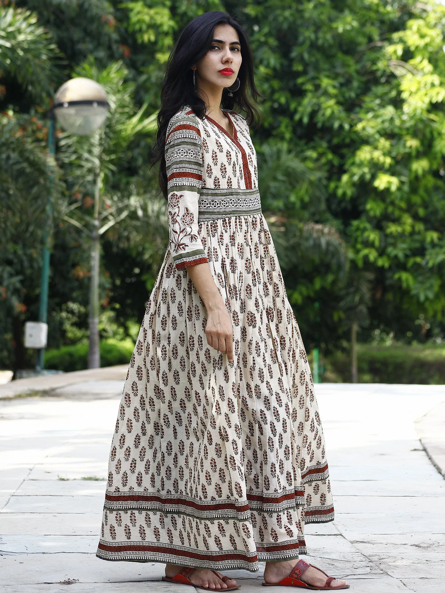 Naaz Ivory Olive Green Maroon Black Hand Block Printed Long Cotton Dress with Gathers & Stand Collar - DS03F002