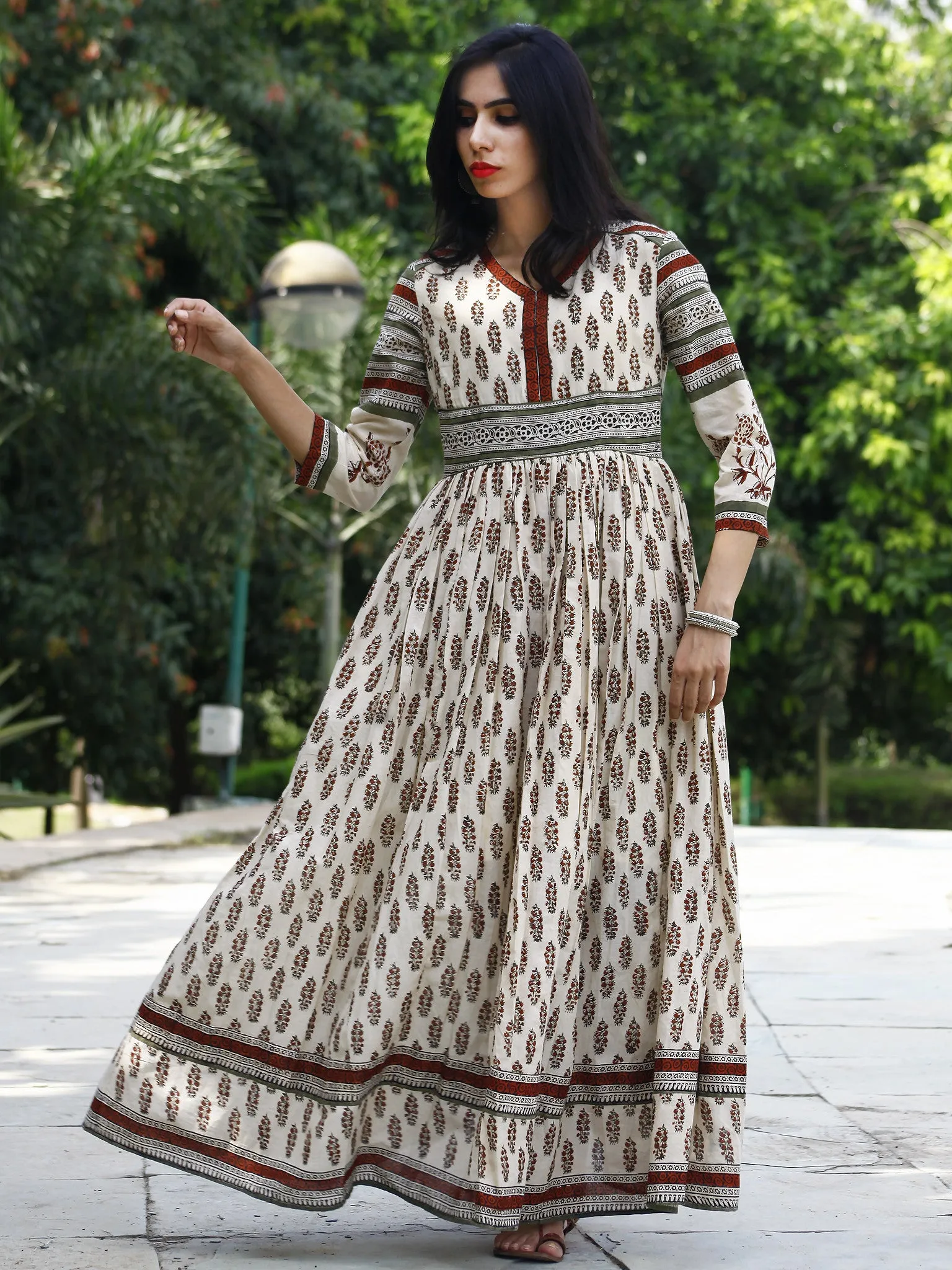 Naaz Ivory Olive Green Maroon Black Hand Block Printed Long Cotton Dress with Gathers & Stand Collar - DS03F002