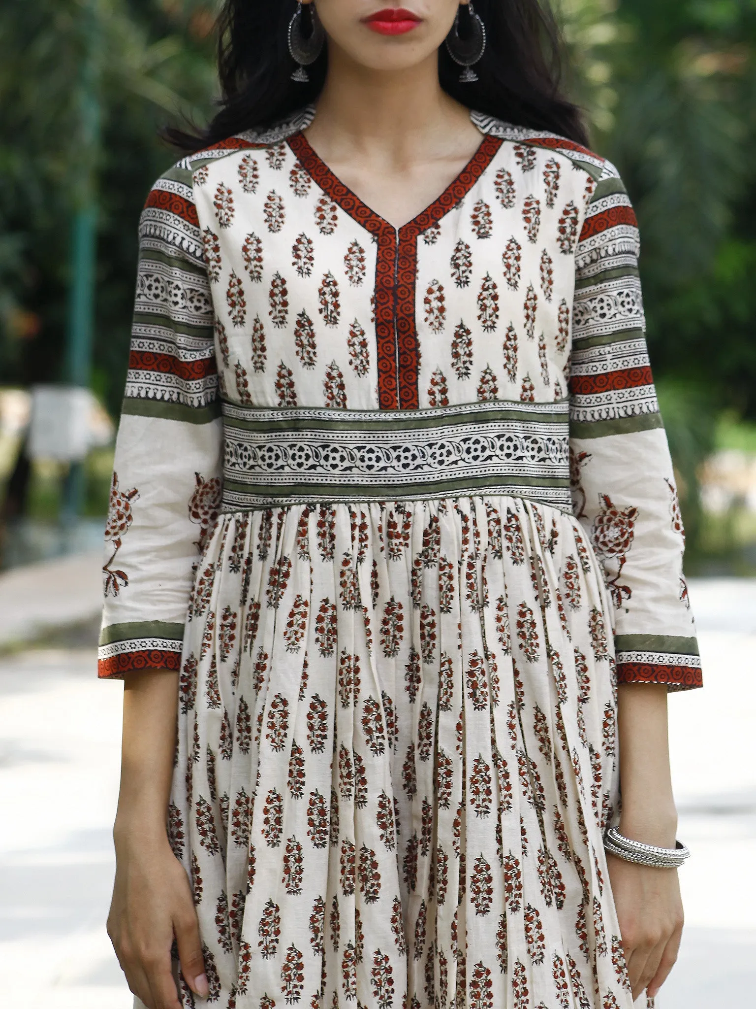 Naaz Ivory Olive Green Maroon Black Hand Block Printed Long Cotton Dress with Gathers & Stand Collar - DS03F002