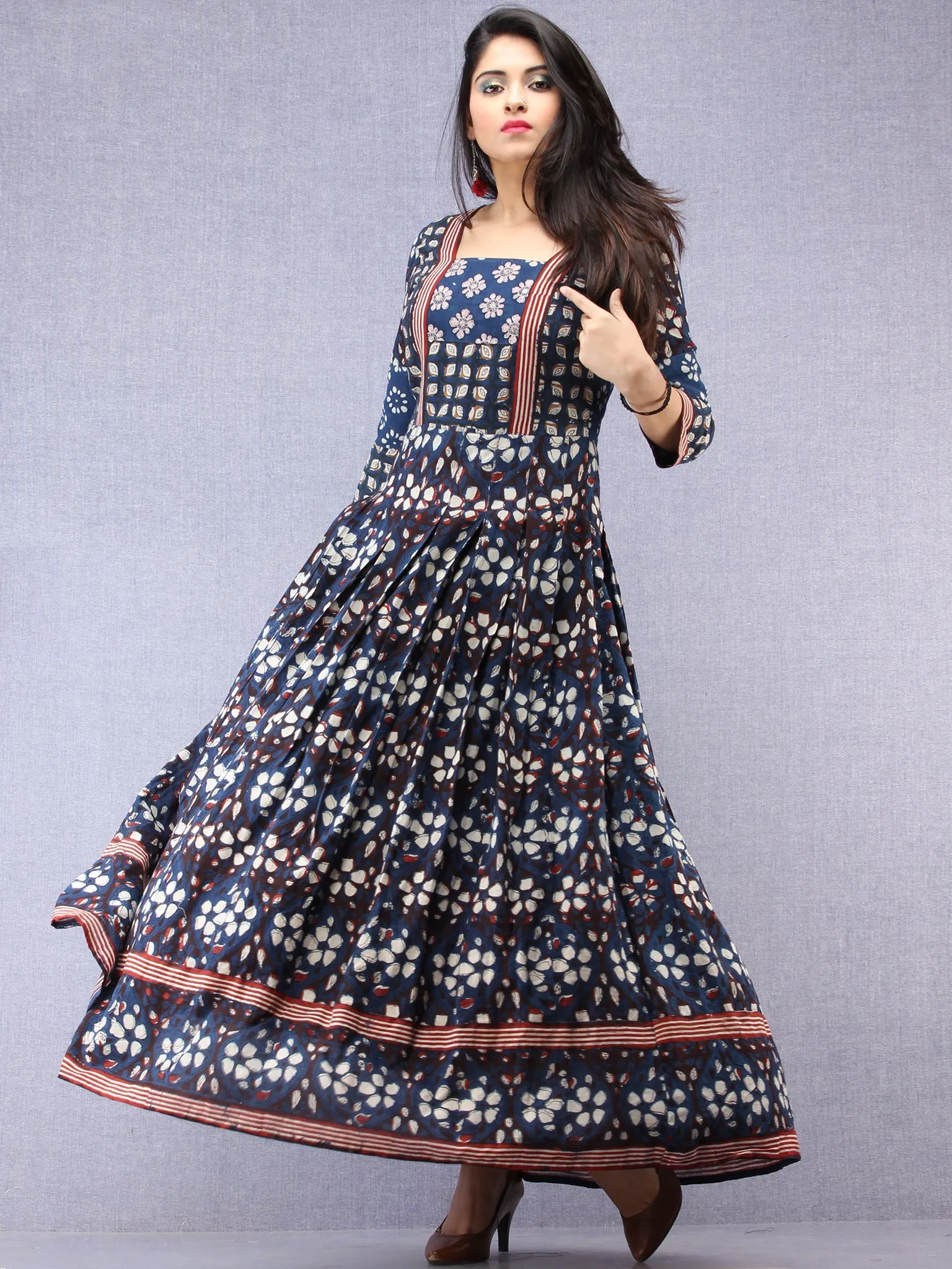 Naaz Nazmi - Hand Block Printed Long Cotton Box Pleated Dress - DS97F001