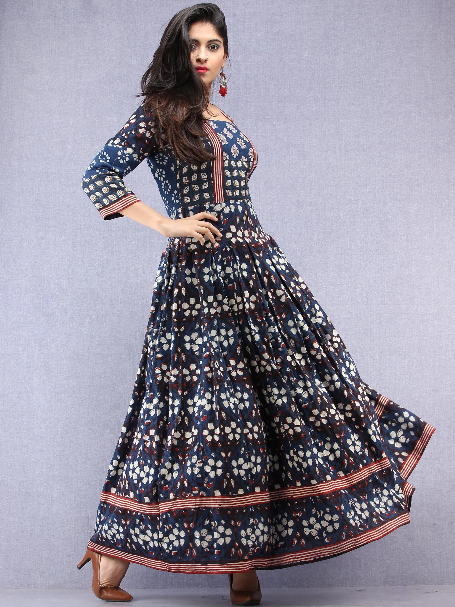 Naaz Nazmi - Hand Block Printed Long Cotton Box Pleated Dress - DS97F001