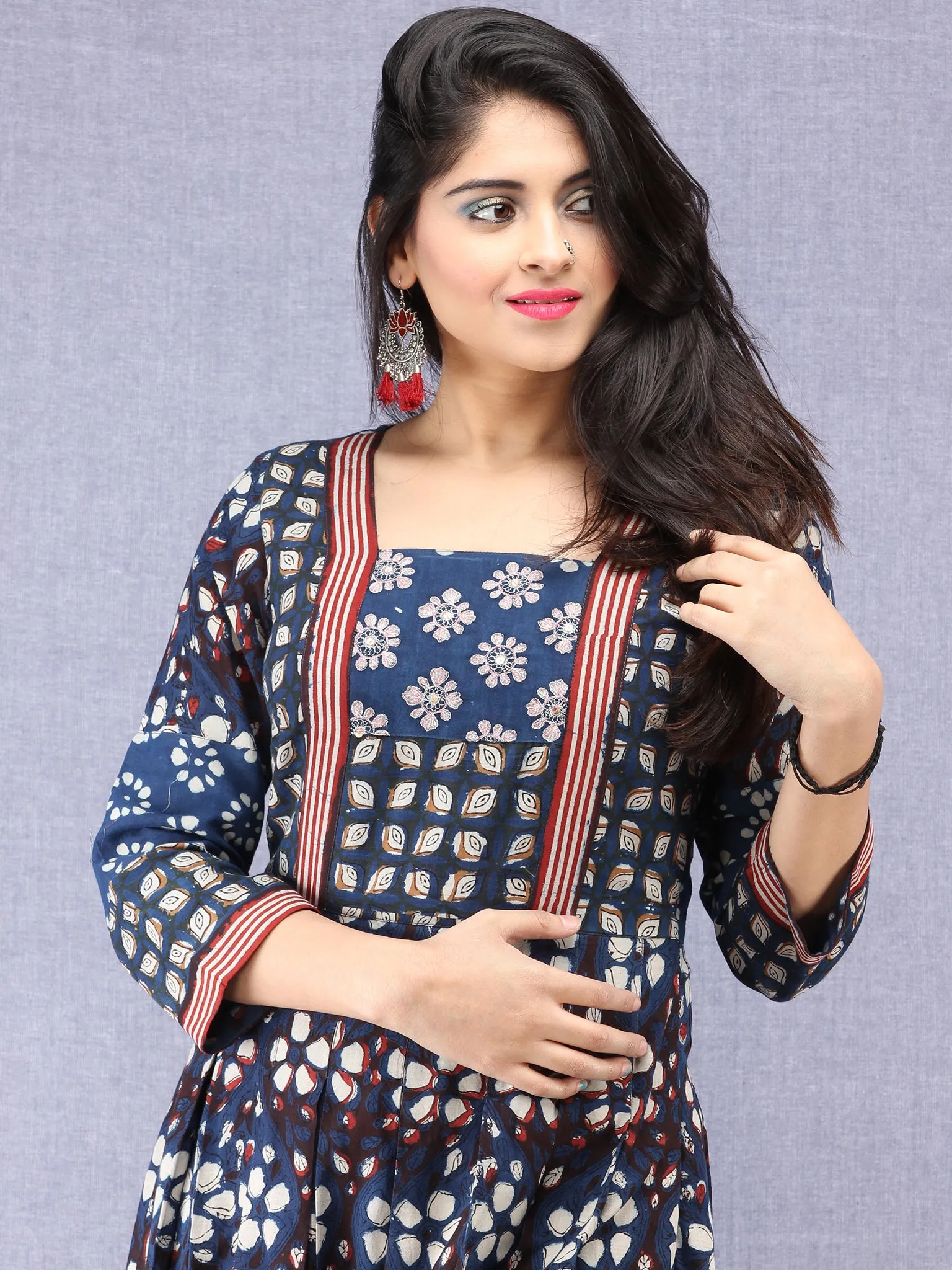 Naaz Nazmi - Hand Block Printed Long Cotton Box Pleated Dress - DS97F001