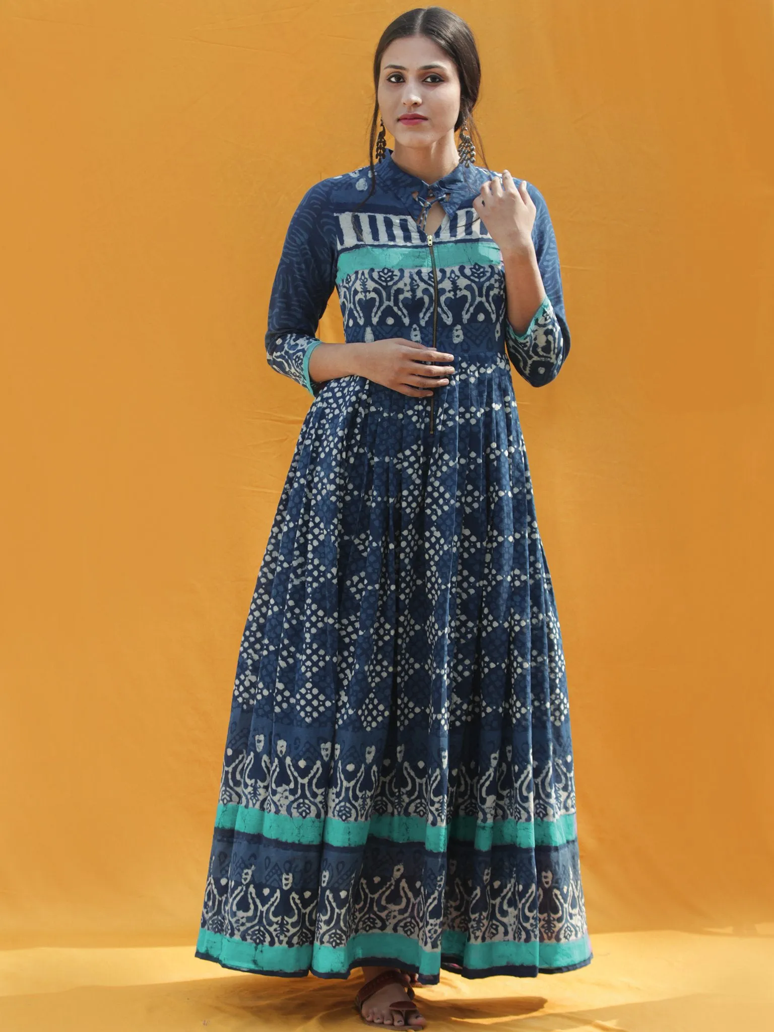 Naaz Rawza - Hand Block Printed Long Cotton Dress With Front Zip - DS82F003