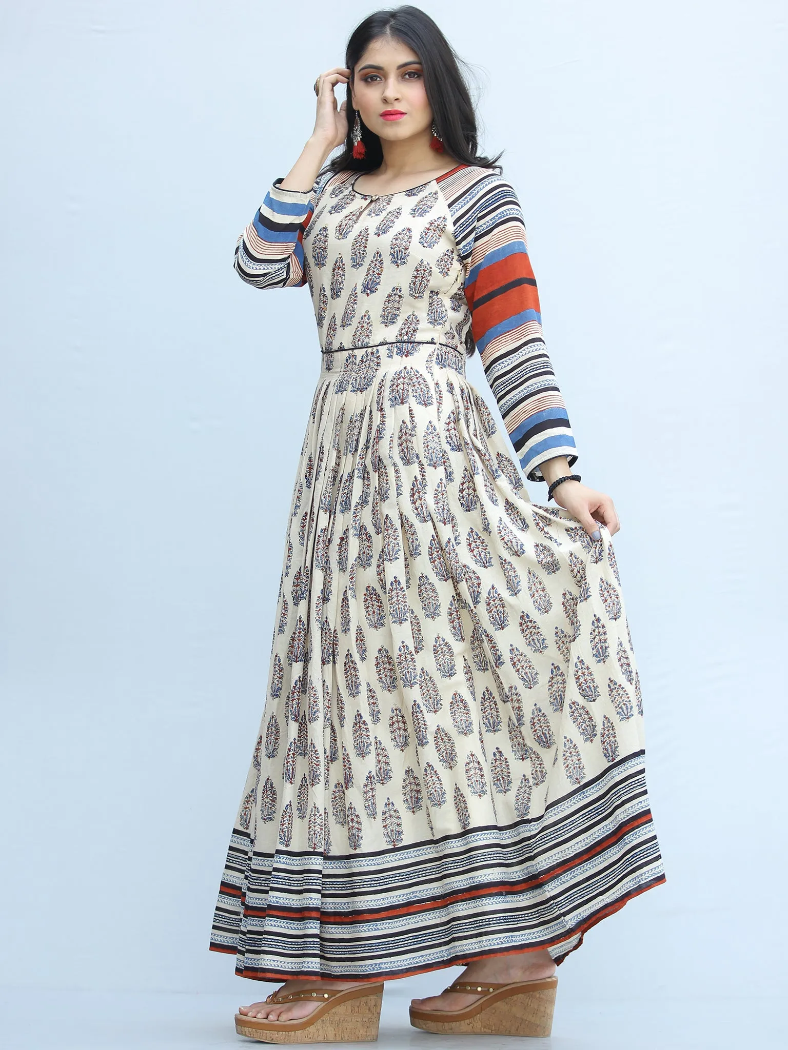 Naaz Sharia - Hand Block Printed Raglan Sleeves Cotton Dress  -  DS115F001