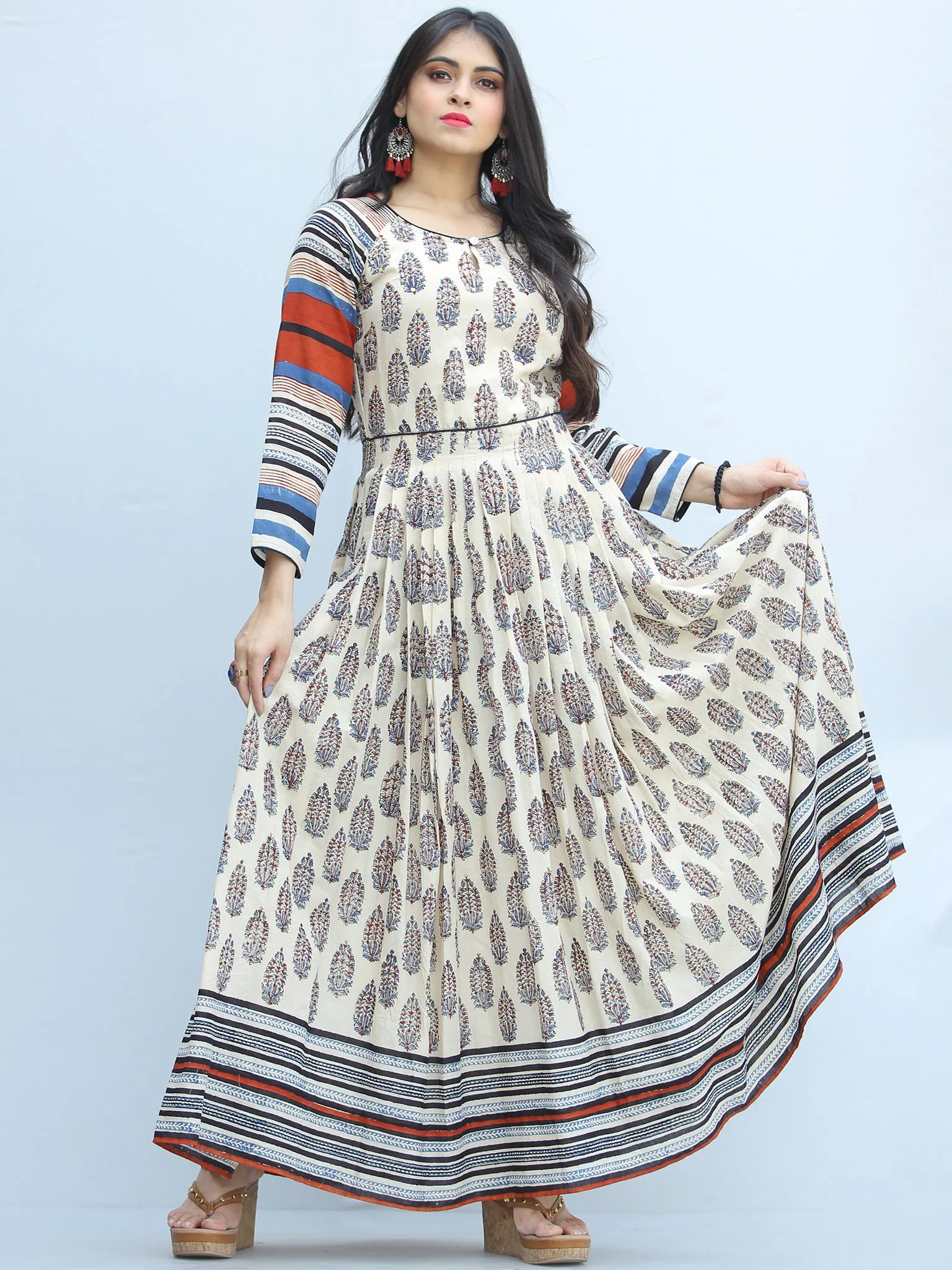 Naaz Sharia - Hand Block Printed Raglan Sleeves Cotton Dress  -  DS115F001