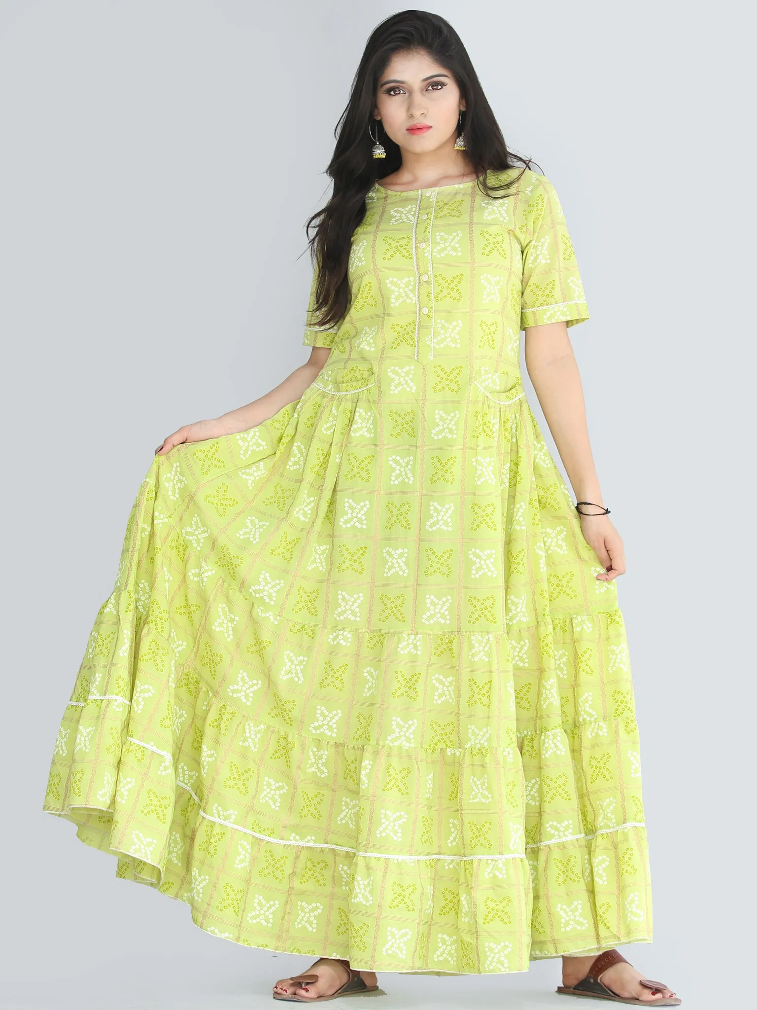 Nazmil - Green Bandhani Printed Tier Long Dress With Weld Pockets - D408F2206