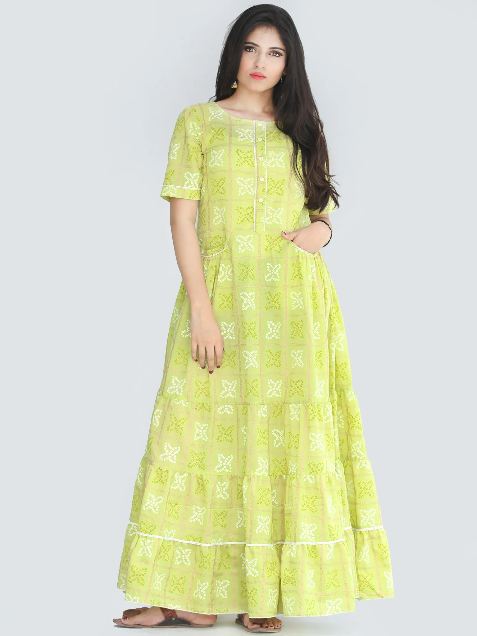 Nazmil - Green Bandhani Printed Tier Long Dress With Weld Pockets - D408F2206