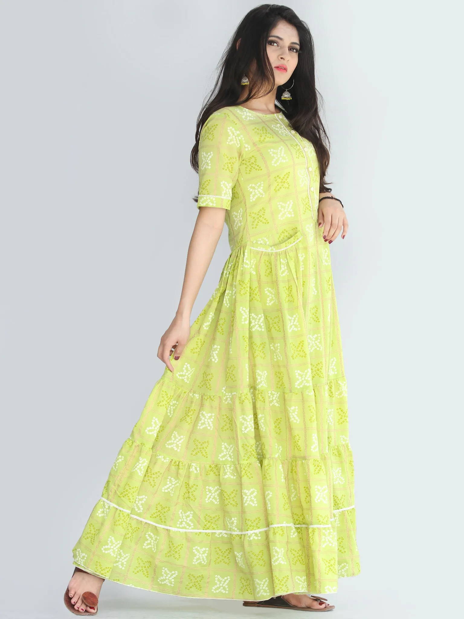 Nazmil - Green Bandhani Printed Tier Long Dress With Weld Pockets - D408F2206