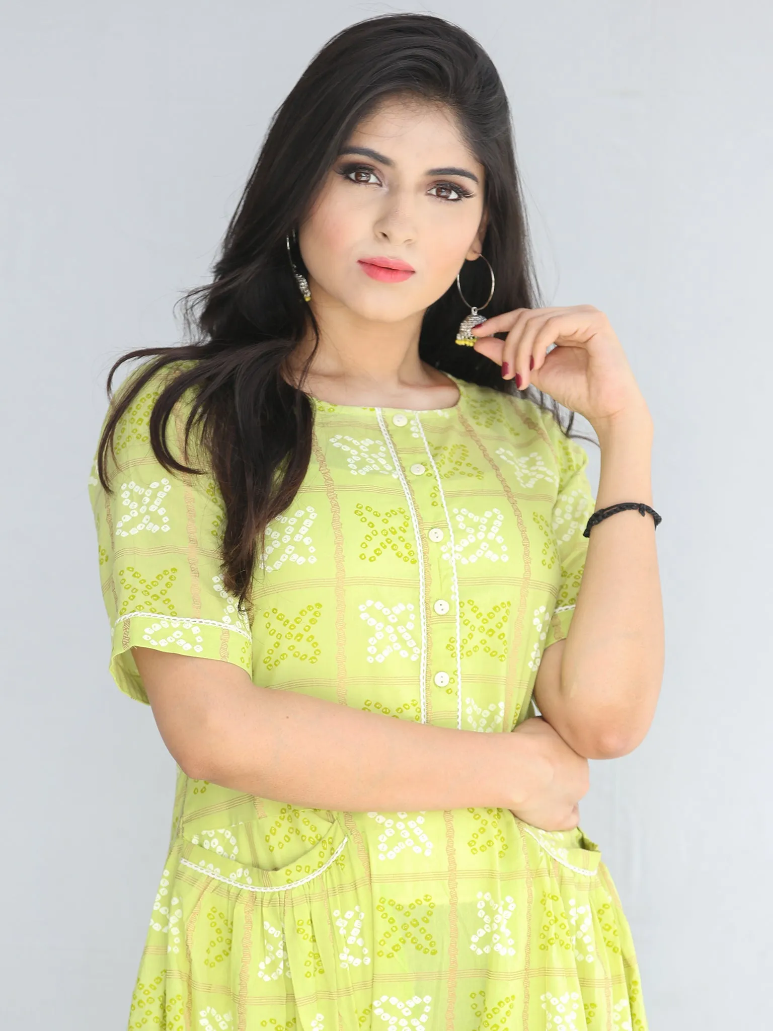 Nazmil - Green Bandhani Printed Tier Long Dress With Weld Pockets - D408F2206