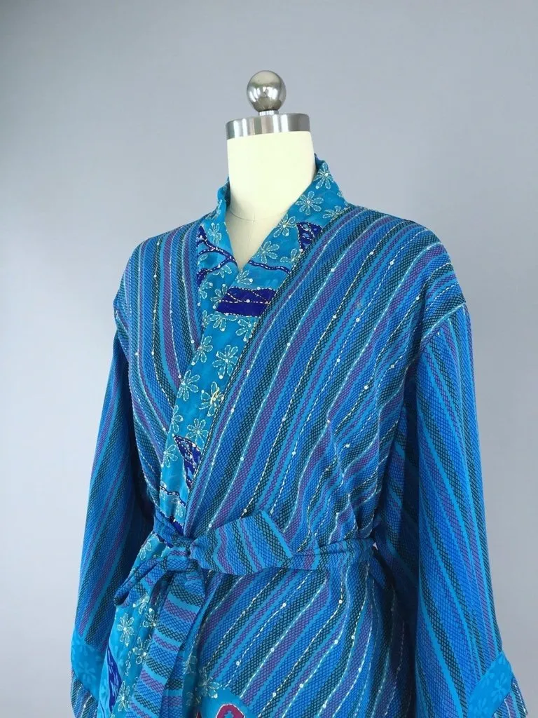 Ocean Blue Indian Silk Sari Kimono Cardigan Jacket