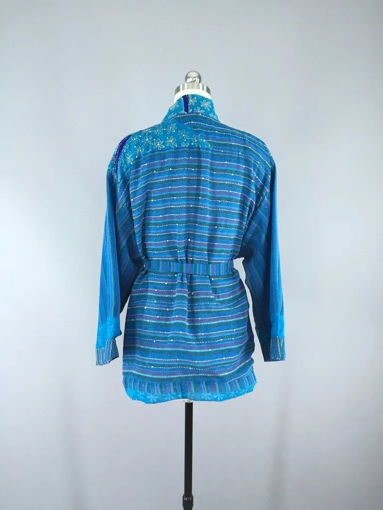 Ocean Blue Indian Silk Sari Kimono Cardigan Jacket