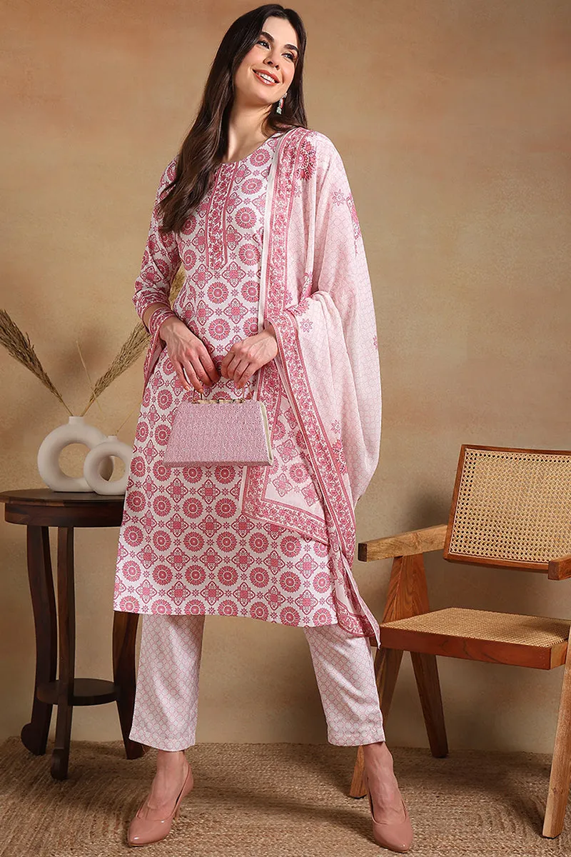 Off White Rayon Blend Printed Straight Suit Set