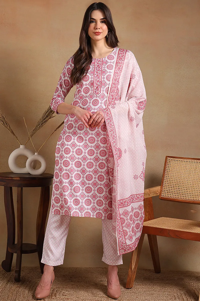 Off White Rayon Blend Printed Straight Suit Set