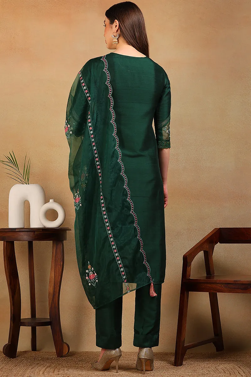 Olive Green Silk Blend Solid Embroidered Straight Suit Set