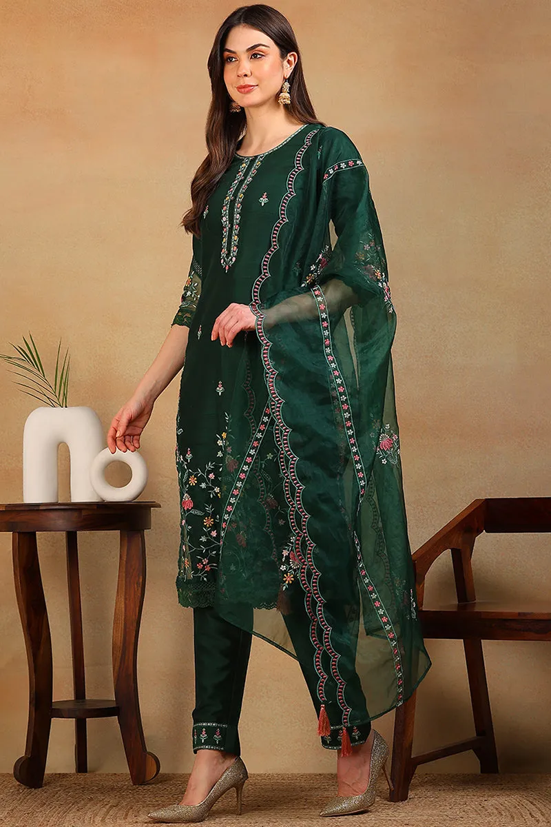 Olive Green Silk Blend Solid Embroidered Straight Suit Set