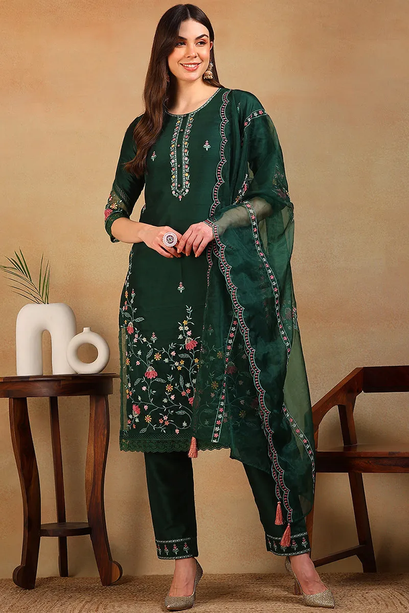 Olive Green Silk Blend Solid Embroidered Straight Suit Set