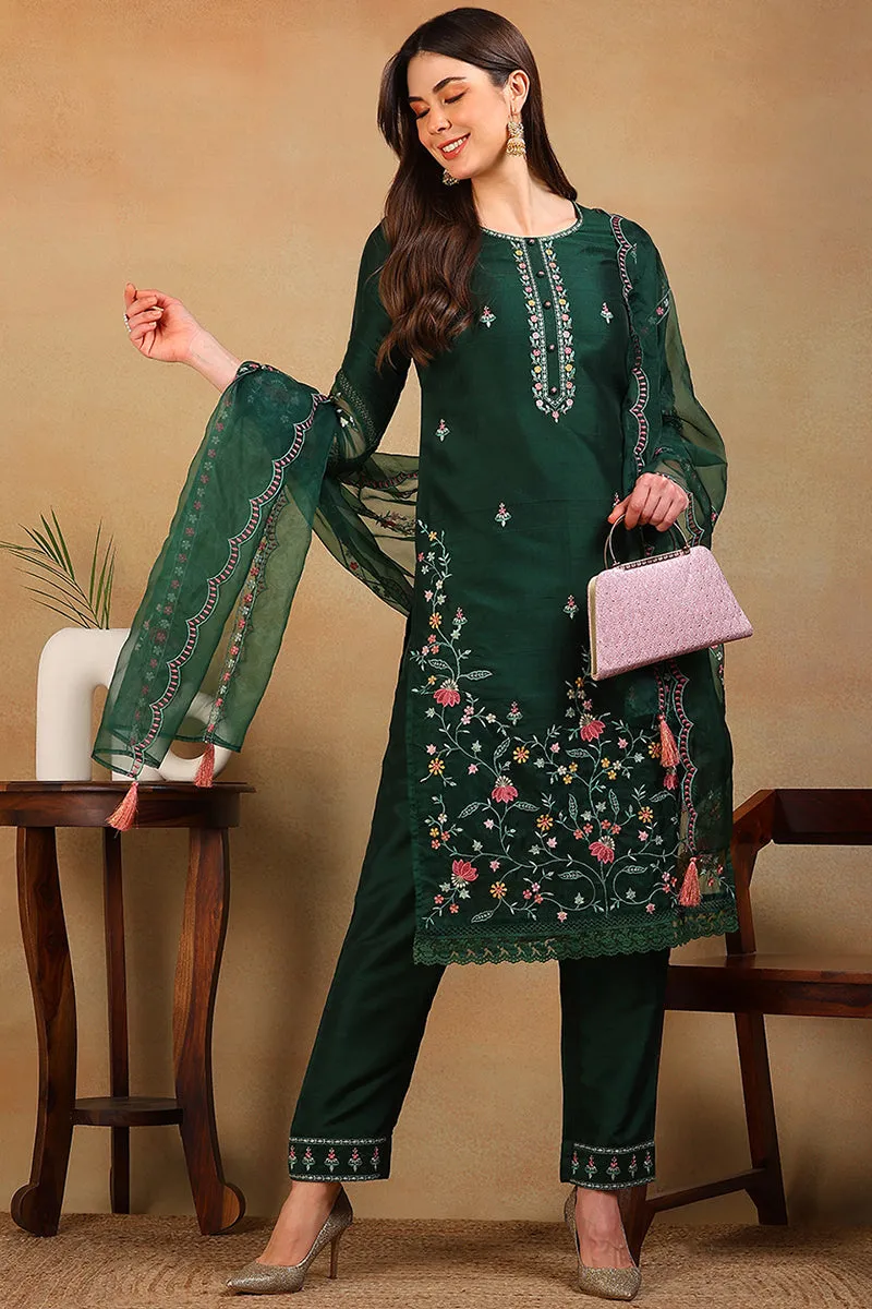 Olive Green Silk Blend Solid Embroidered Straight Suit Set