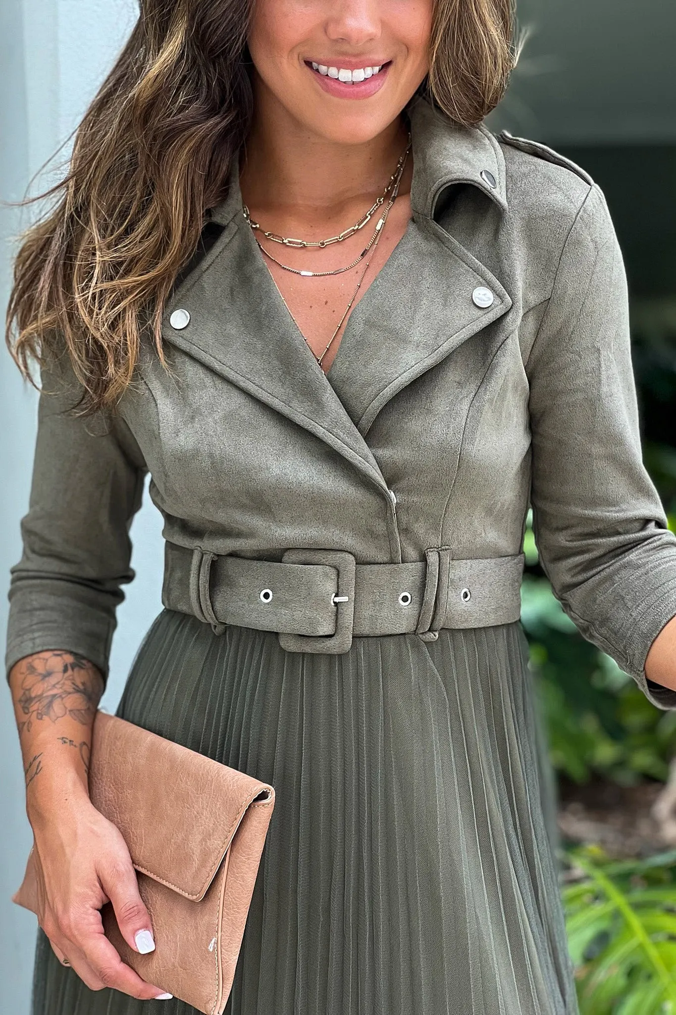 Olive Pleated Skirt And Suede Top Dress