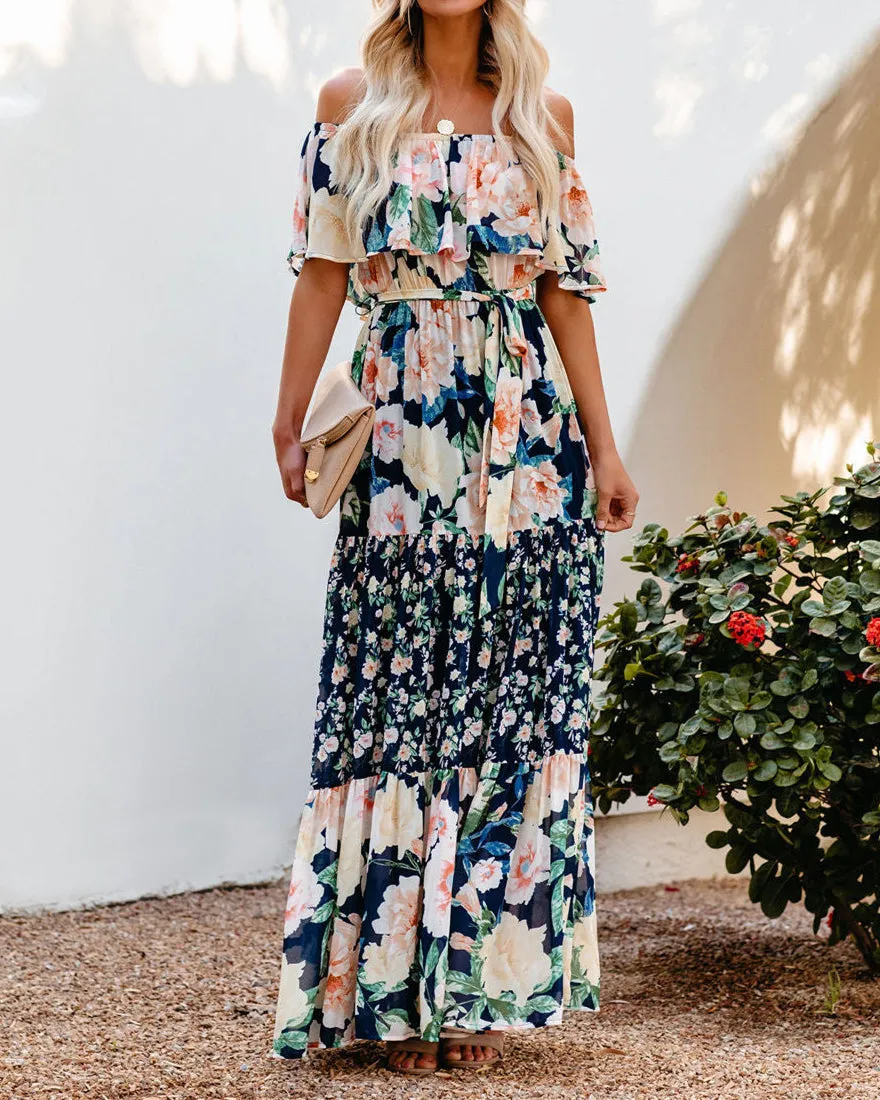 One-Shoulder Printed Long Swing Dress