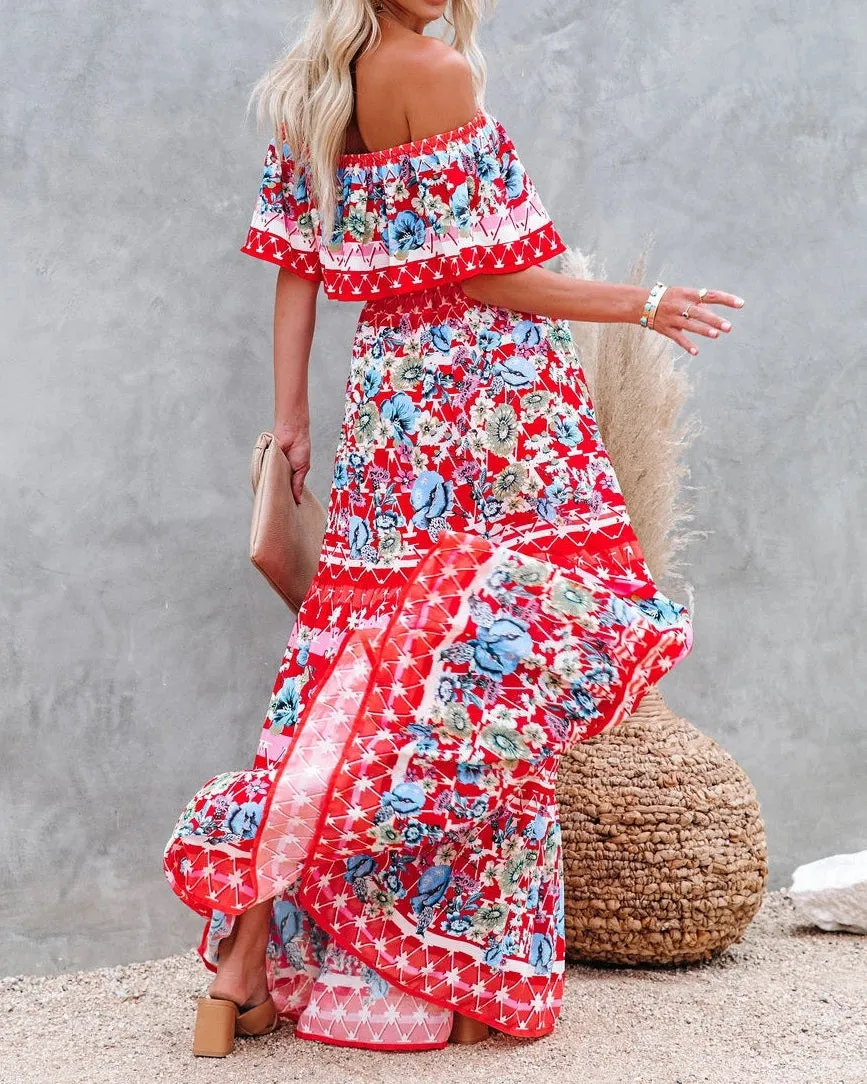 One-Shoulder Printed Long Swing Dress