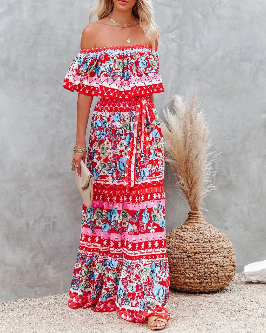 One-Shoulder Printed Long Swing Dress