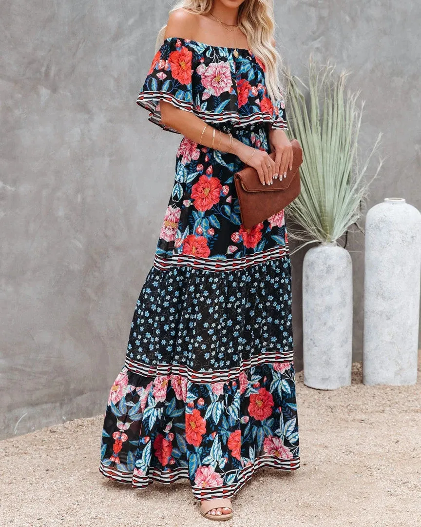 One-Shoulder Printed Long Swing Dress