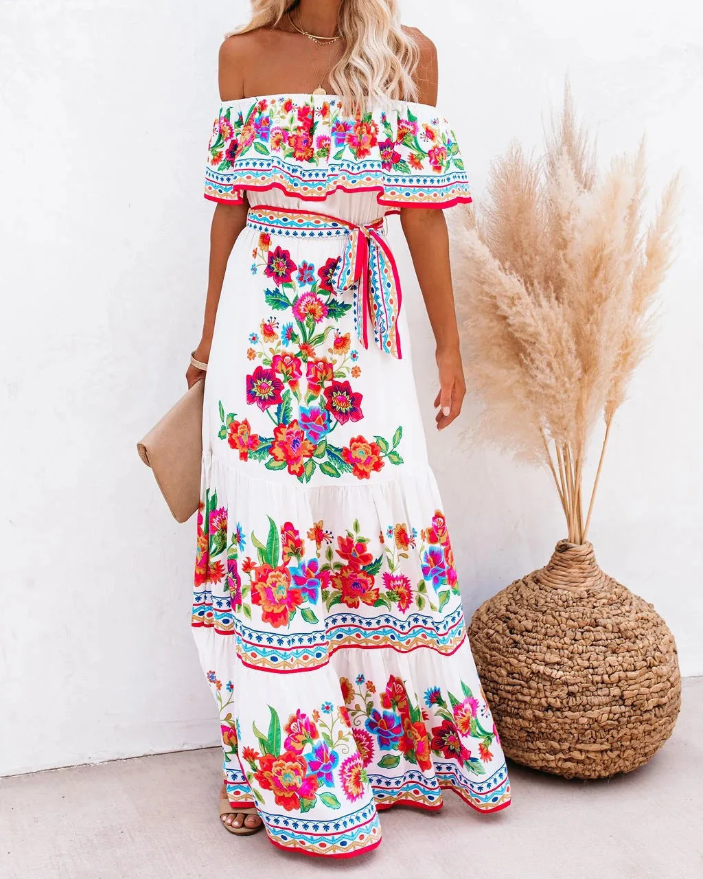 One-Shoulder Printed Long Swing Dress