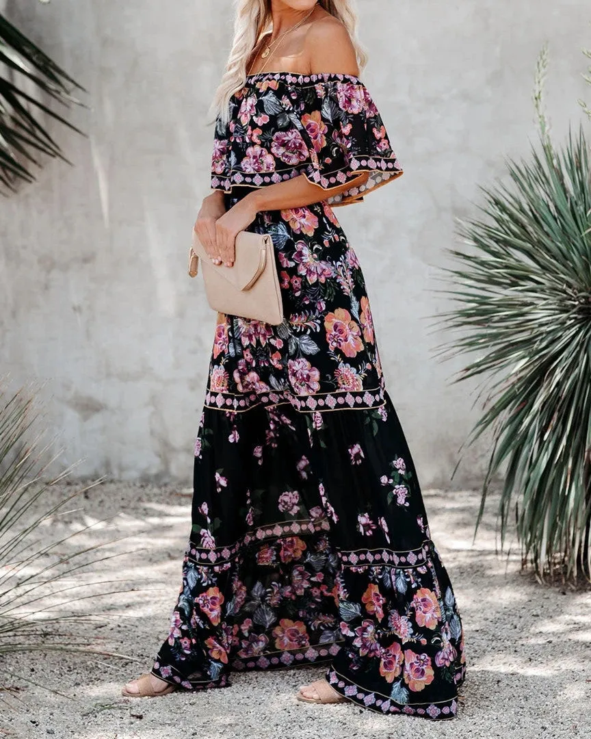 One-Shoulder Printed Long Swing Dress