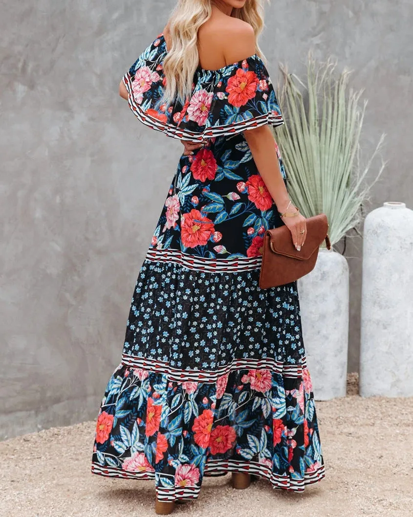 One-Shoulder Printed Long Swing Dress