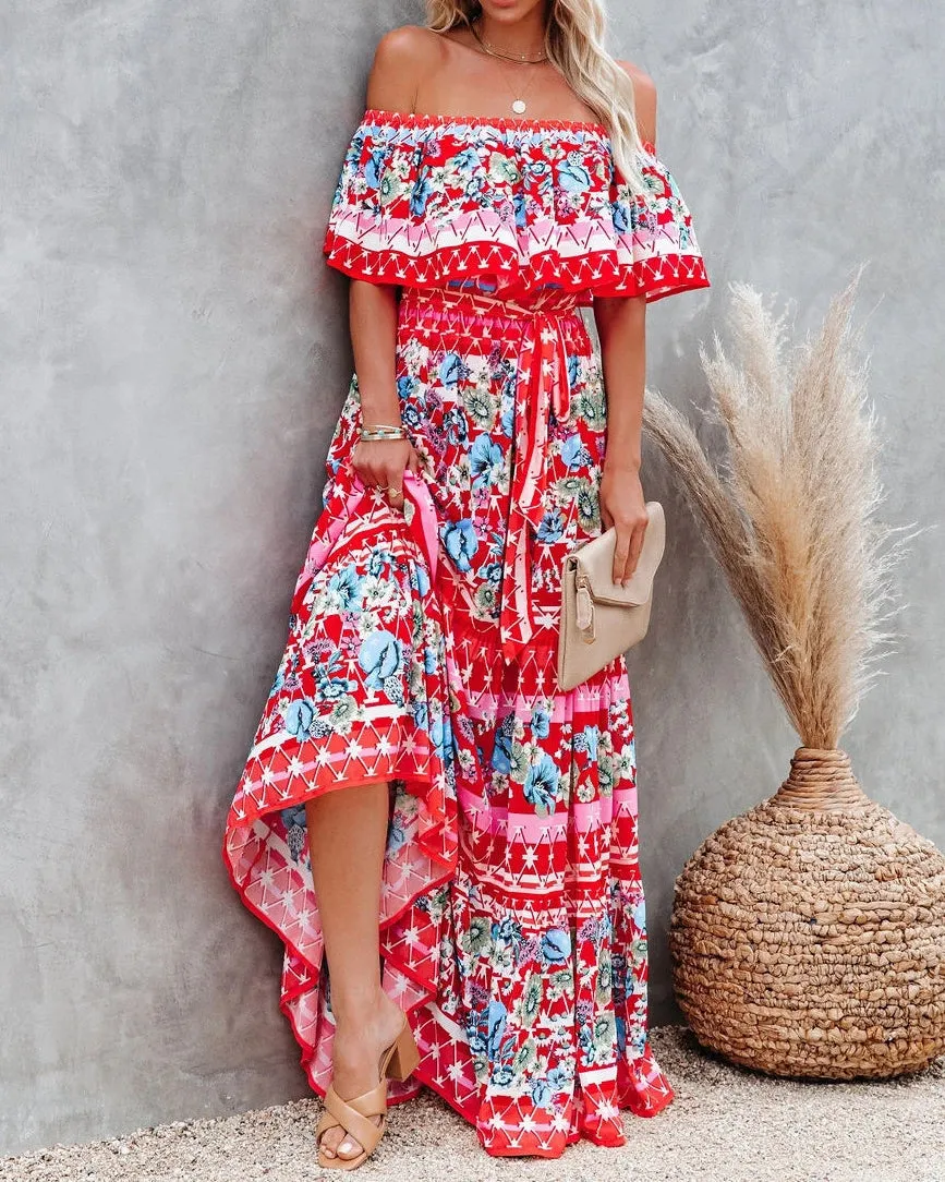 One-Shoulder Printed Long Swing Dress