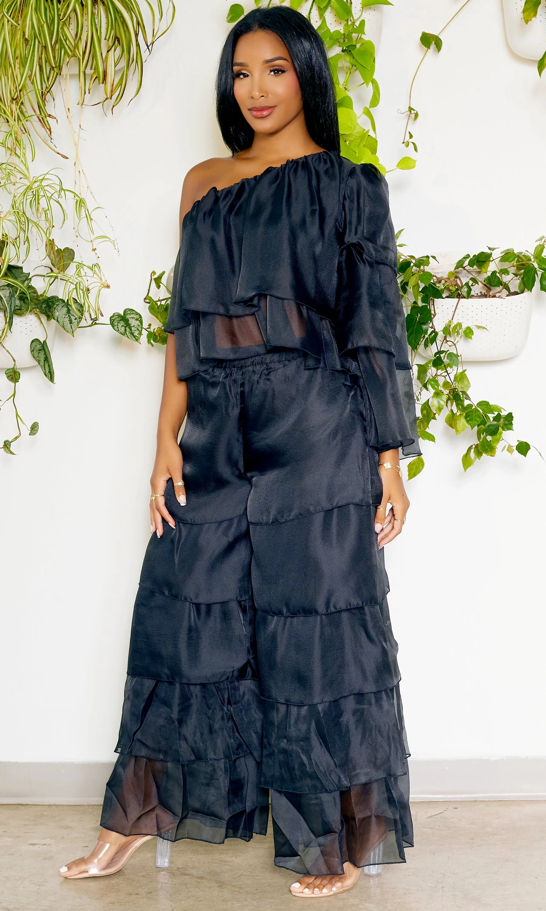 One Shoulder Tiered Organza Set | Black FINAL SALE