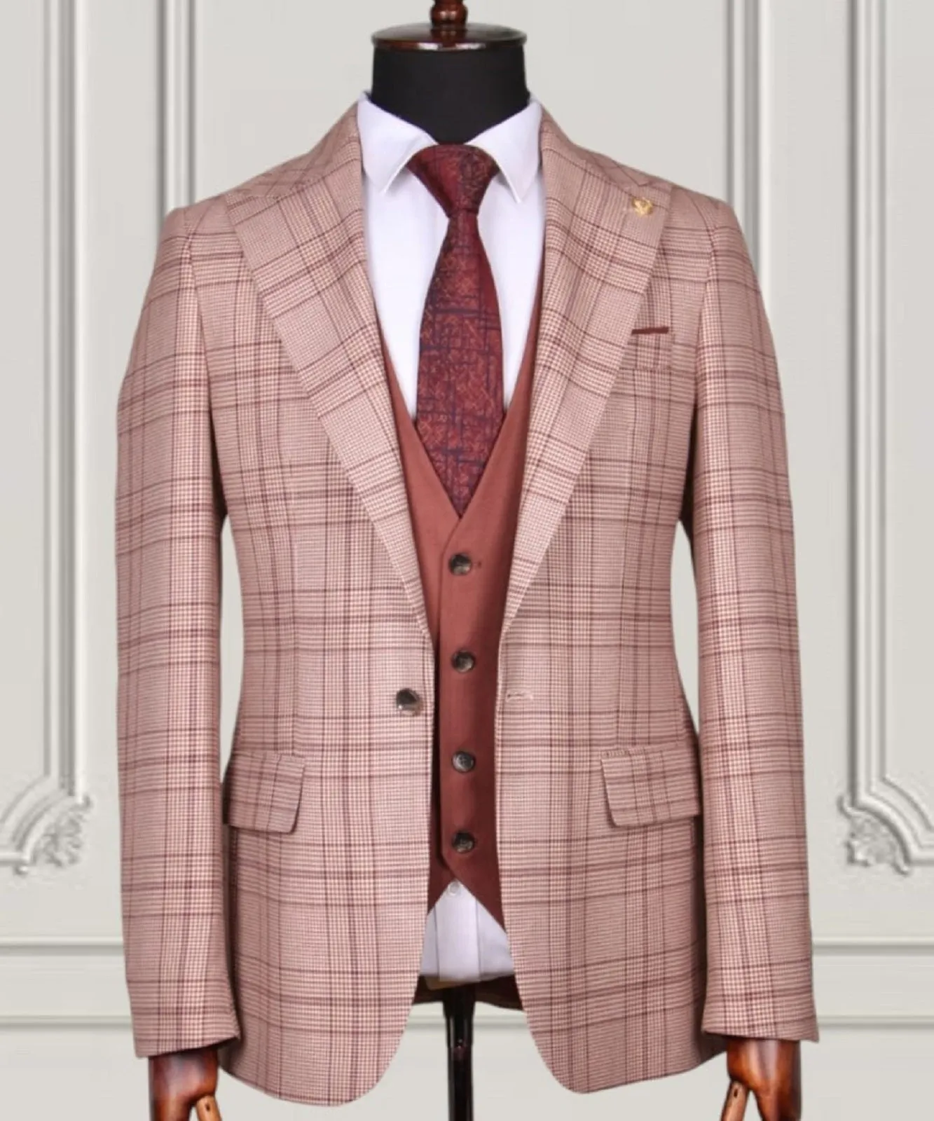 Oyster Pink Brown Check Slim Fit Suit