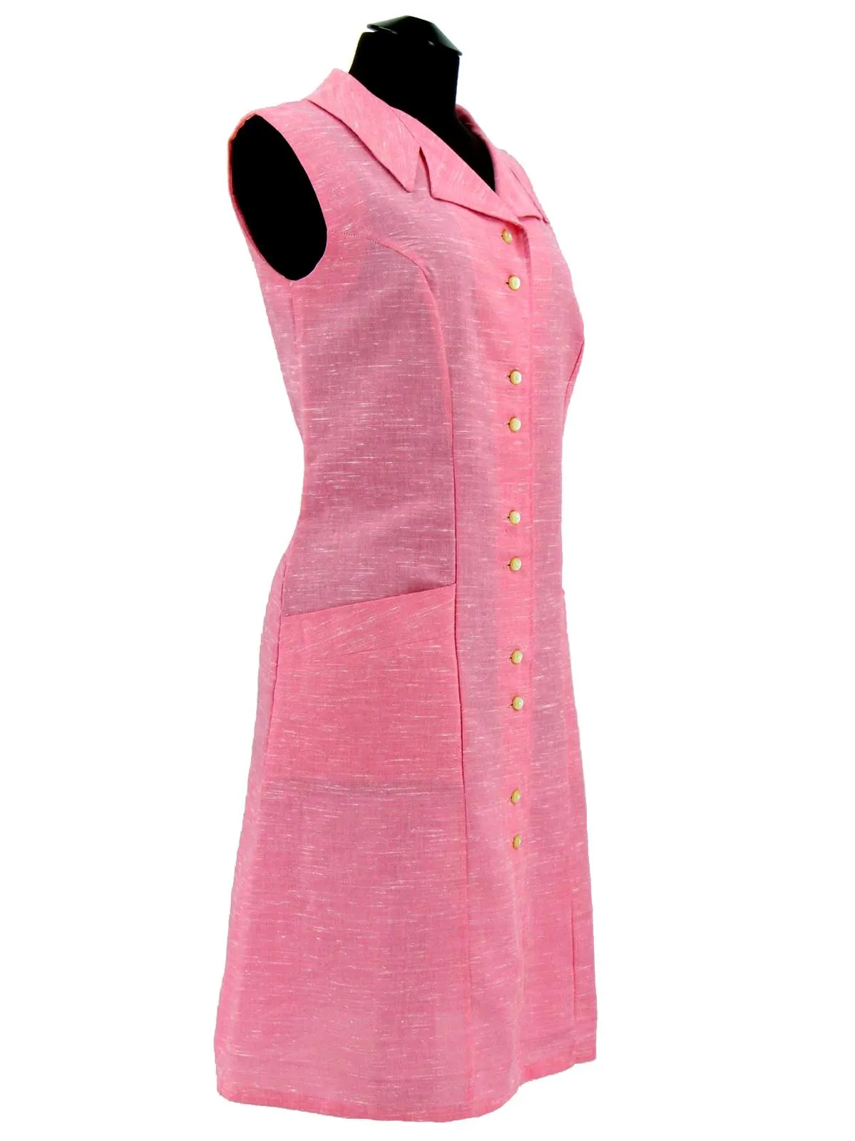 Pink 1960s Vintage Collared Linen Shift Dress