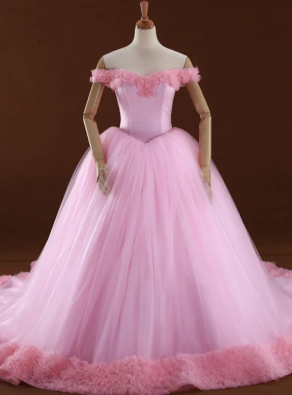 Pink Ball Gown Off The Shoulder Backless Tulle Wedding Dress