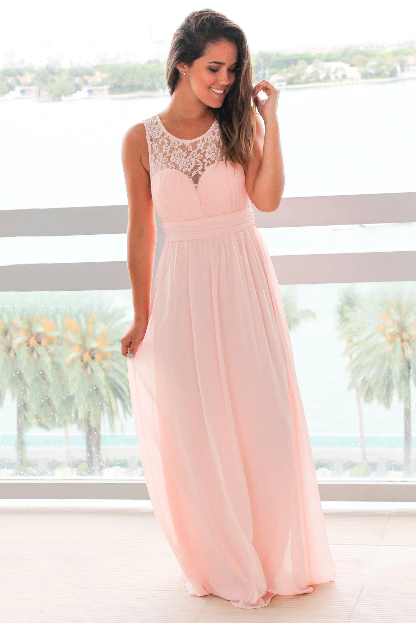 Pink Sleeveless Maxi Dress with Pleated Lace Top