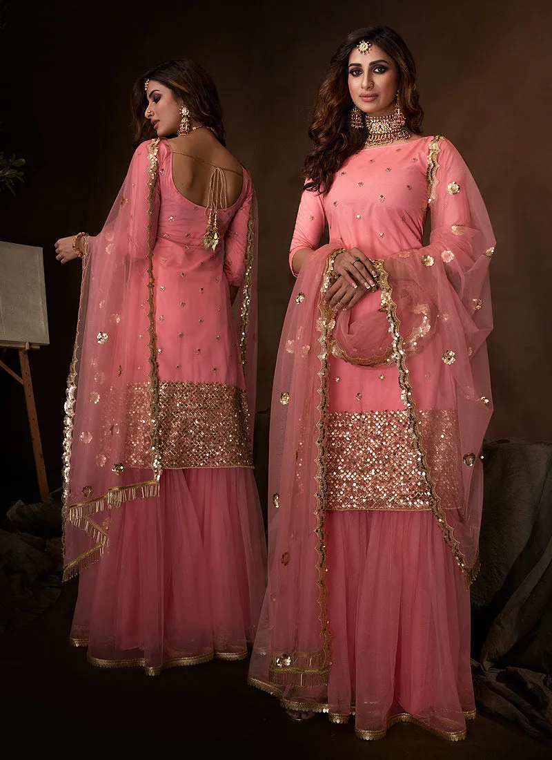 Pink Traditional Embroidered Gharara Suit