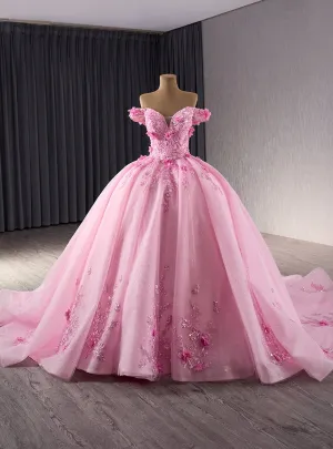 Pink Tulle Off the Shoulder 3D Flower Prom Princess Dress