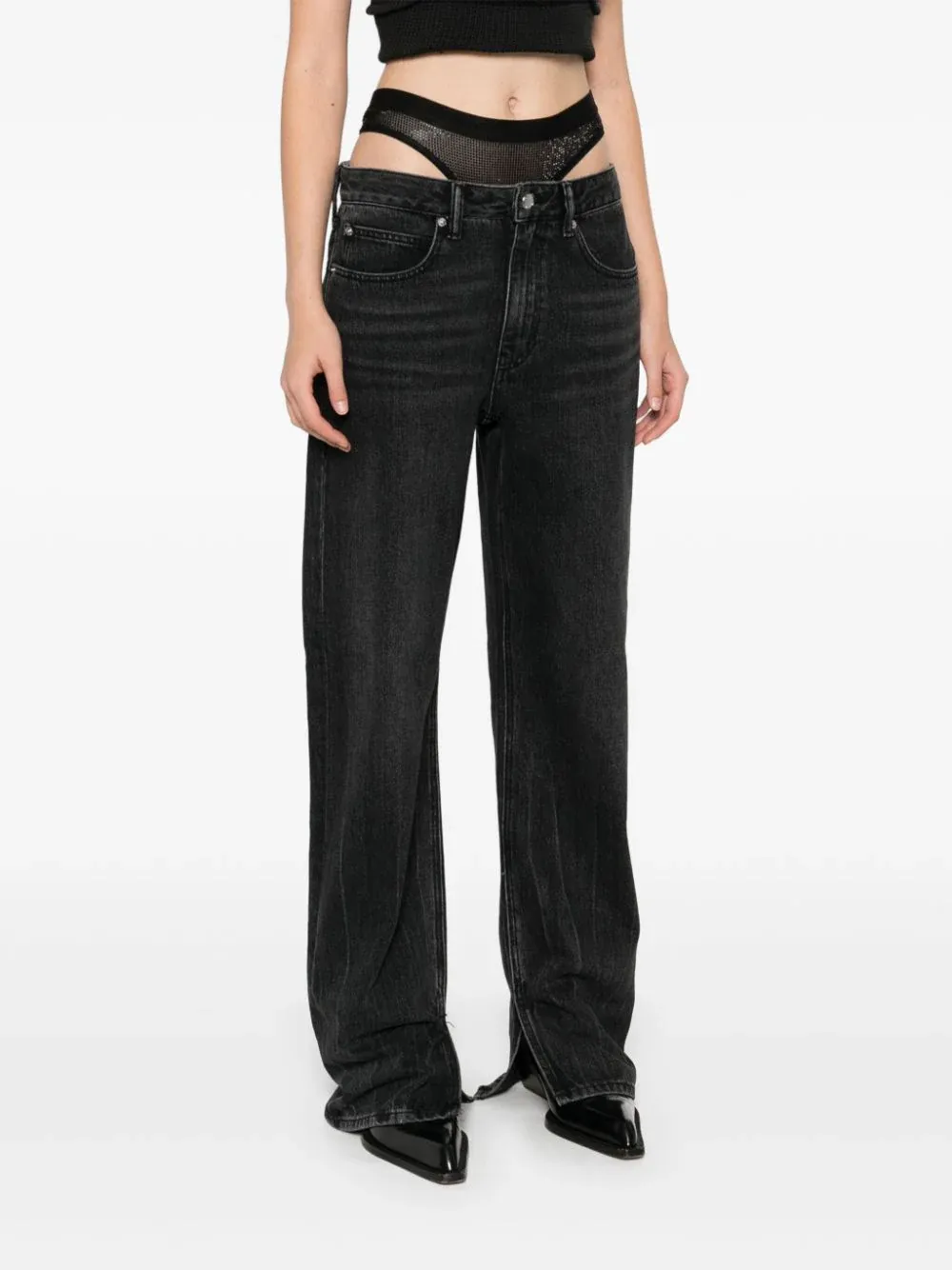 Pre-Styled Straight-Leg Slit-Hem Jeans In Cotton