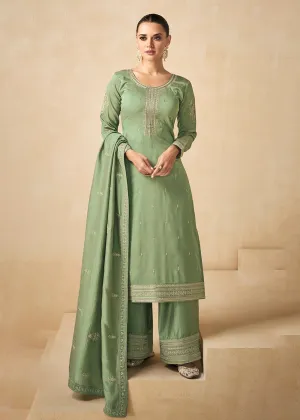 Premium Silk Pretty Green Embroidered Straight Pant Salwar Suit