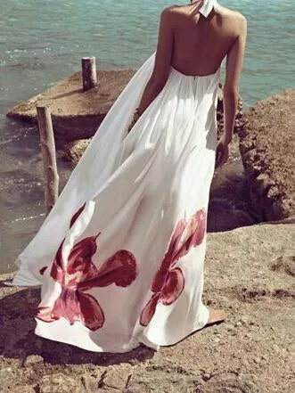 Printed Halter Backless Maxi Long Dress