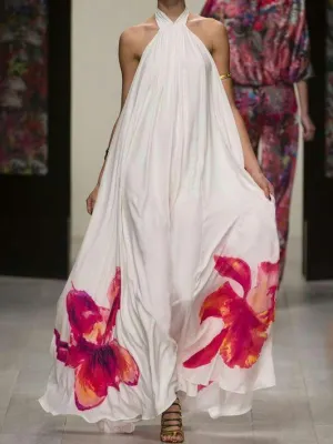 Printed Halter Backless Maxi Long Dress