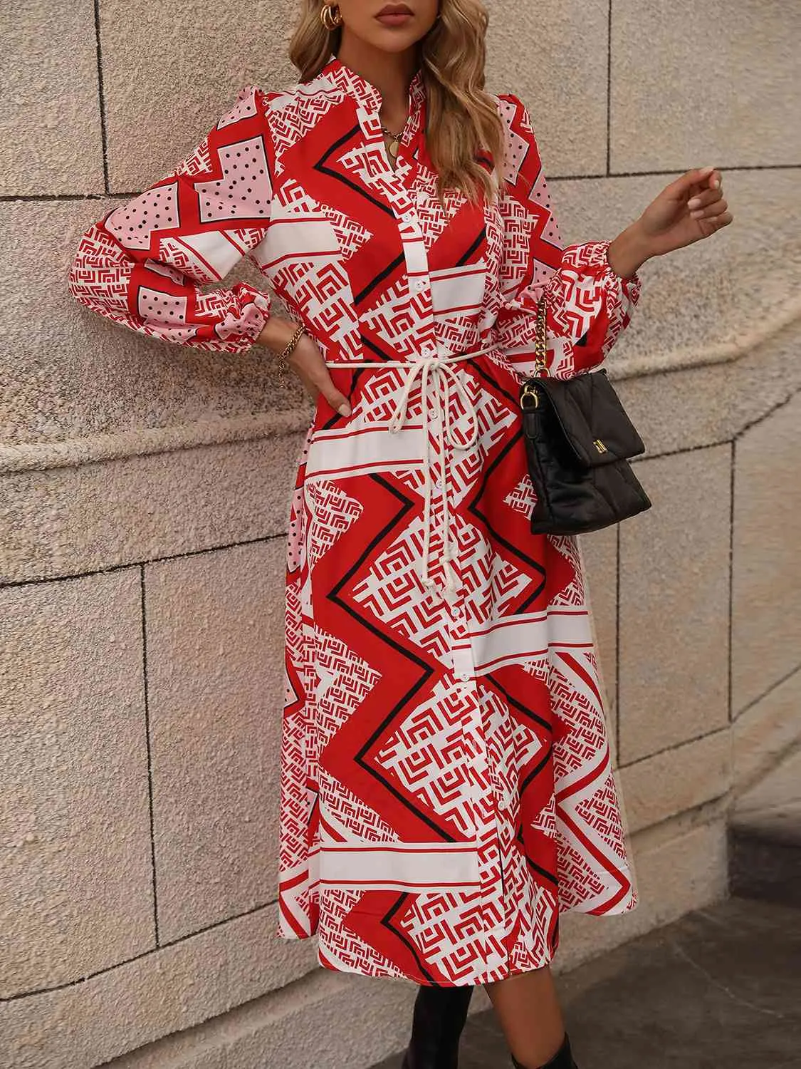 Printed Long Sleeve Midi Dress