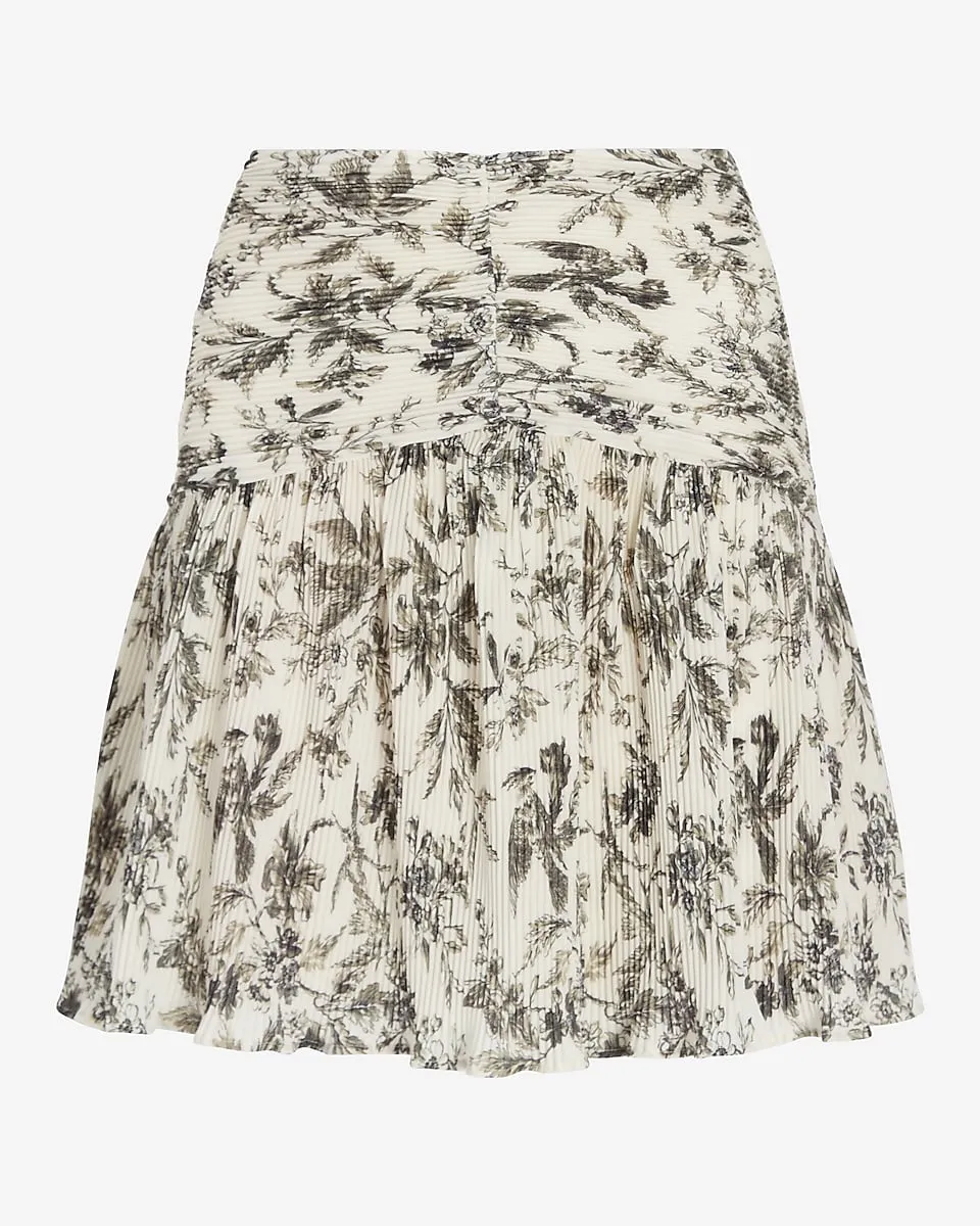 Printed Ruched Fit And Flare Mini Skirt in Black Print