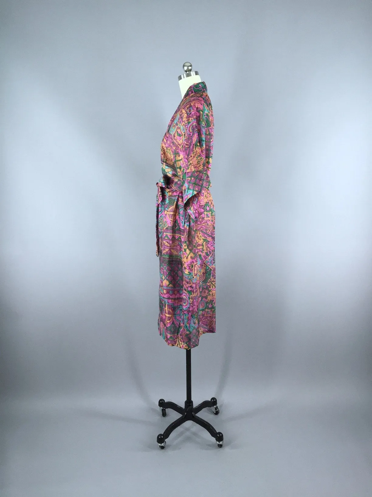 Raw Silk Sari Robe / Pink Abstract Print