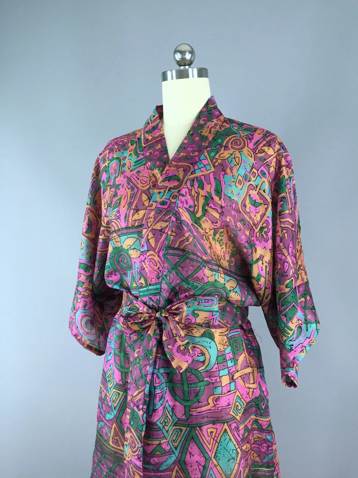 Raw Silk Sari Robe / Pink Abstract Print